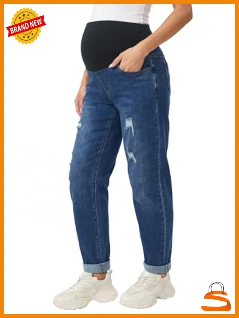 Over Belly Maternity Jeans Ripped Denim Adjustable Waistband